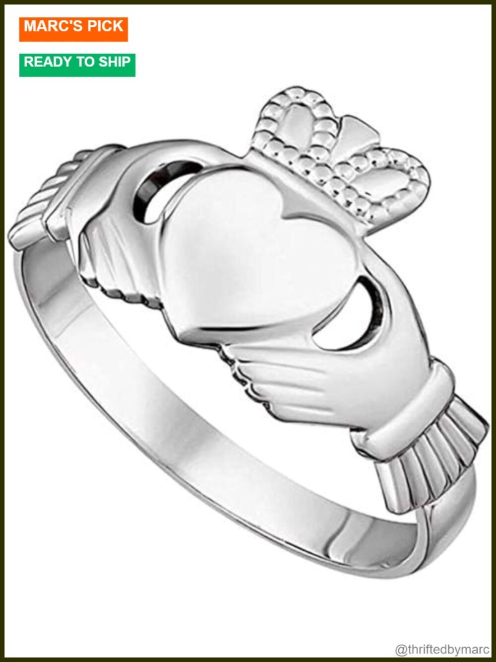 Sterling Silver Claddagh Ring, Rhodium-Plated, Irish Made